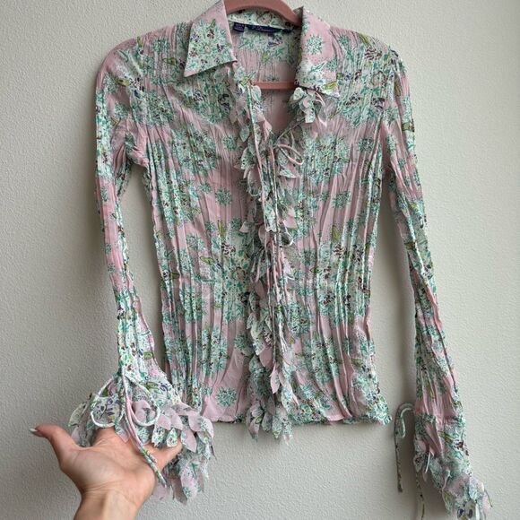 Vintage Tops - Vtg Y2K Fairy Victorian Size XS Romantic Coquette Sheer Tie Front Top Boho Pink
